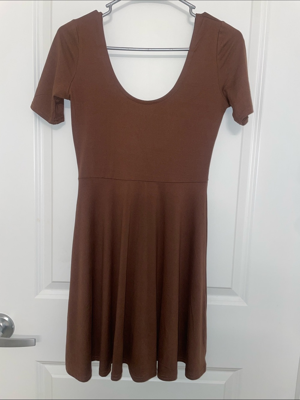 Brown Scoop Neck Short Sleeve Fit & Flare Dress